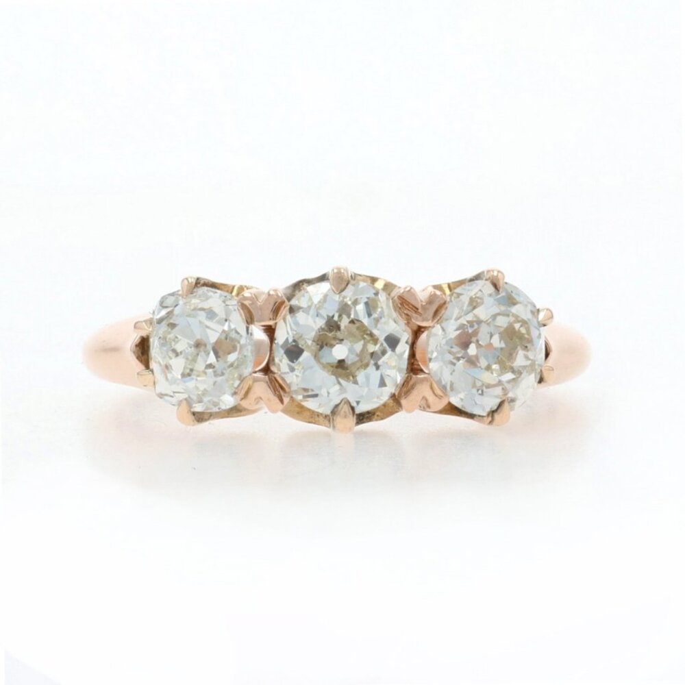 Rose Gold Diamond Victorian Three-Stone Engagement Ring 14k Mine 1.50ctw Antique - Picture 1 of 6